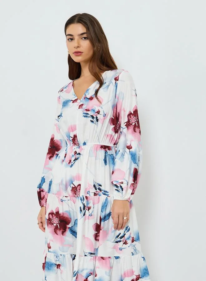 ستايلي فستان ميدي بأكمام منفوخة وطبعة زهور للنساء